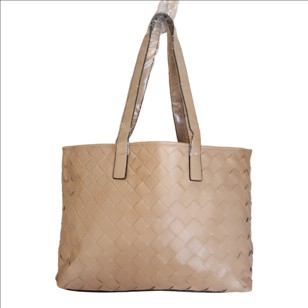 SOFT TAN BRAIDED LINED TOTE WITH SMALLER INSIDE ZIPPERED BAG NWOT